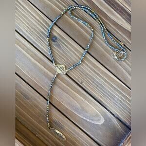 Fearfully Made Bible Verse Blue and Gold Beaded Necklace Long Pendant